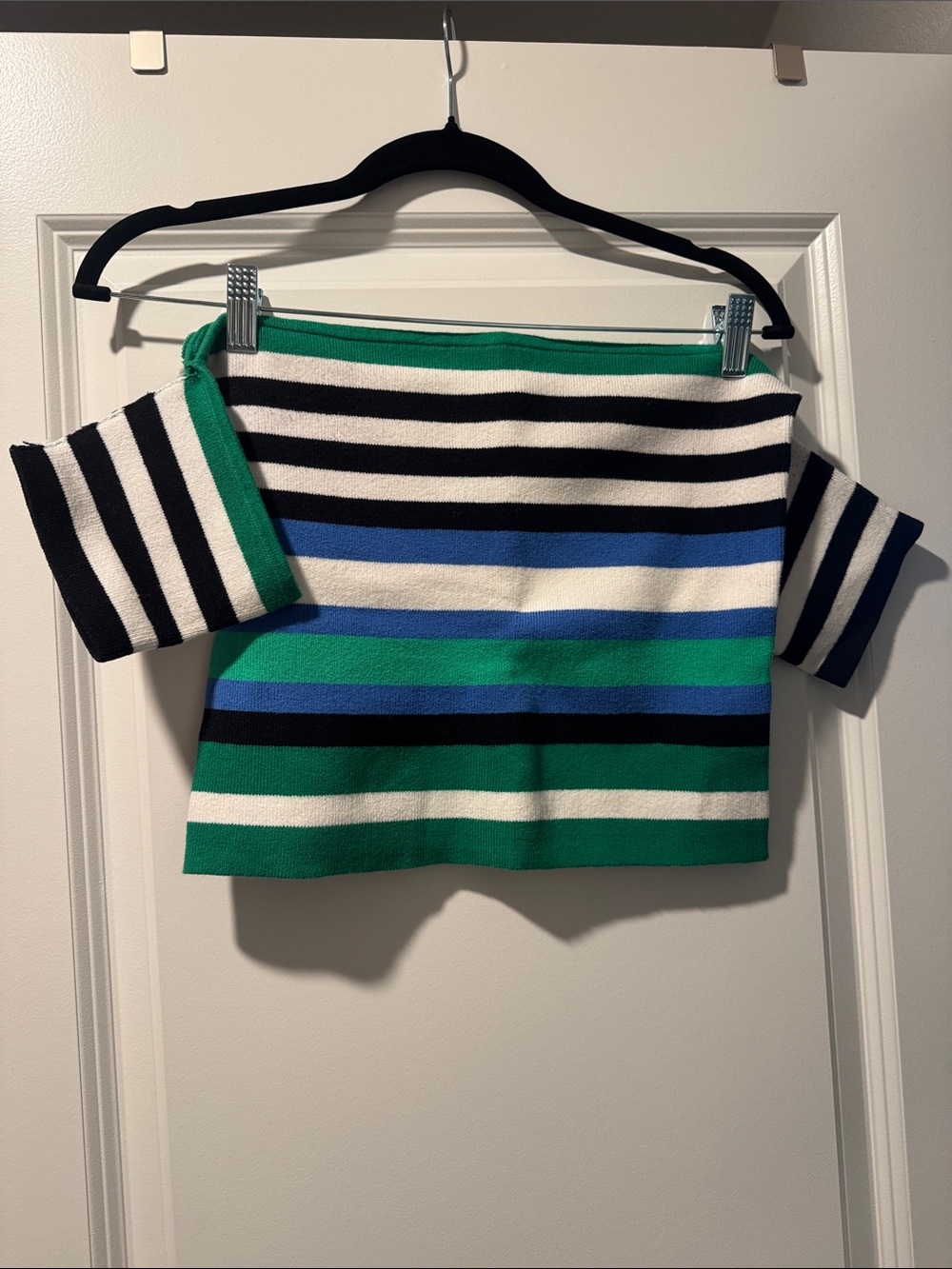 Express Striped Off-Shoulder Crop Top in Green, Blue, Black & White
